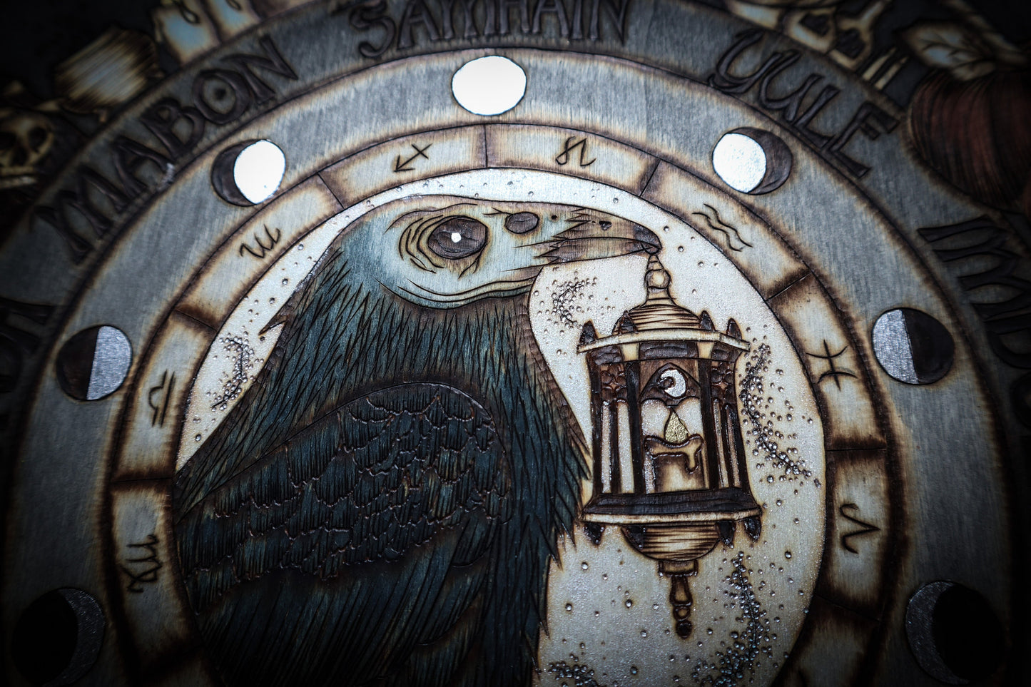 Witchy Samhain Wheel of the year for spooky season, woodburned with raven, ghosts, pumpkins and more for pagan altar decor by www.smokecrafthollow.com
