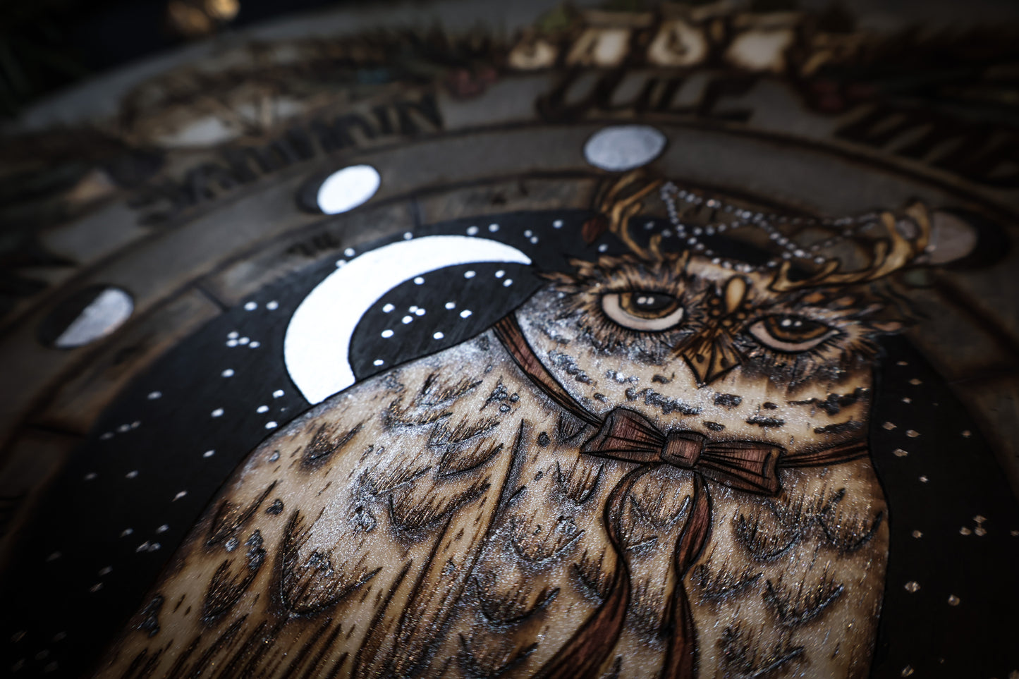 Woodburned wheel of the year for yule witchmas for the pagan season with snowy owl and moon phases, astrological symbols for pagan and witches and wiccans by www.smokecrafthollow.com