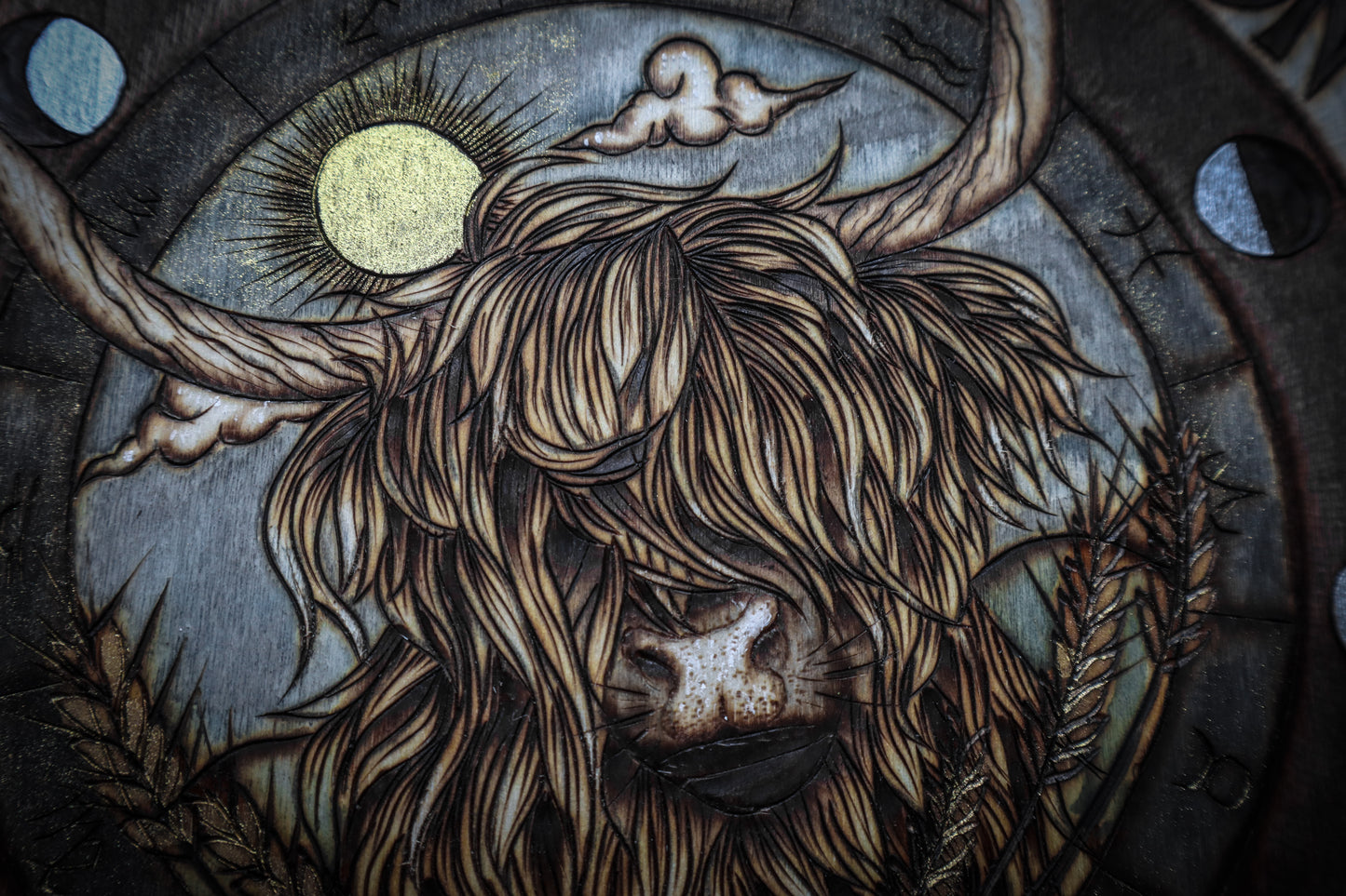 Highland cow woodburned pyrography art by Smokecraft Hollow