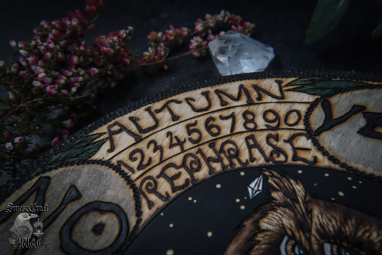 Hand woodburned supernatural owl witchy pagan pendulum spirit board with ouija and seasons by Smokecraft Hollow.