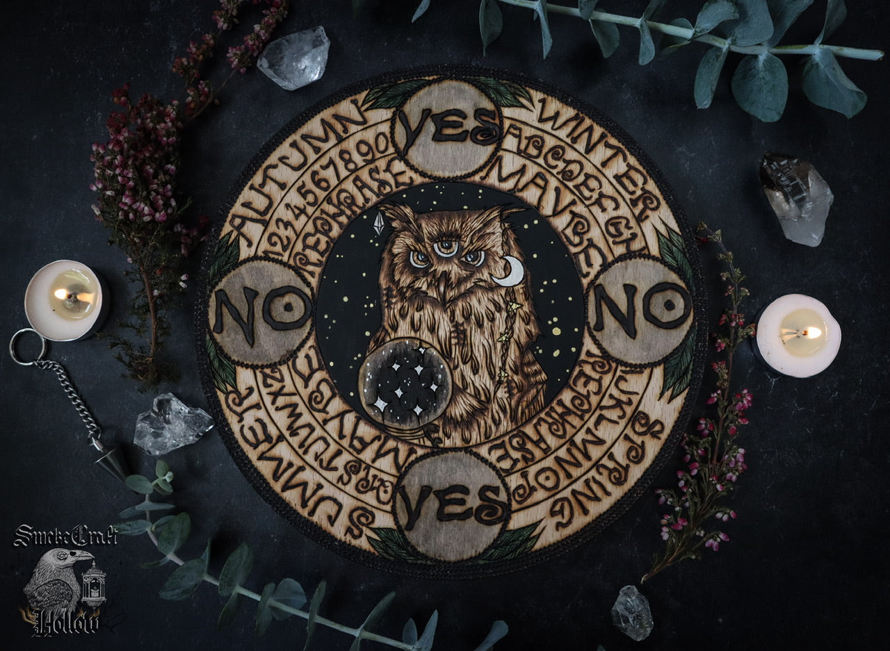 Hand woodburned supernatural owl witchy pagan pendulum spirit board with ouija and seasons by Smokecraft Hollow.