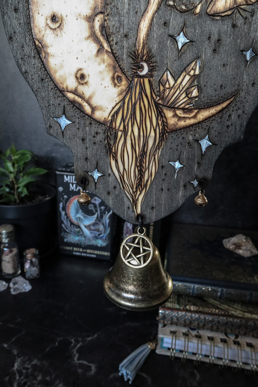 Witch bells with moon, flowers and broom with bronze bells and pentagram charm woodburned by Smokecraft Hollow