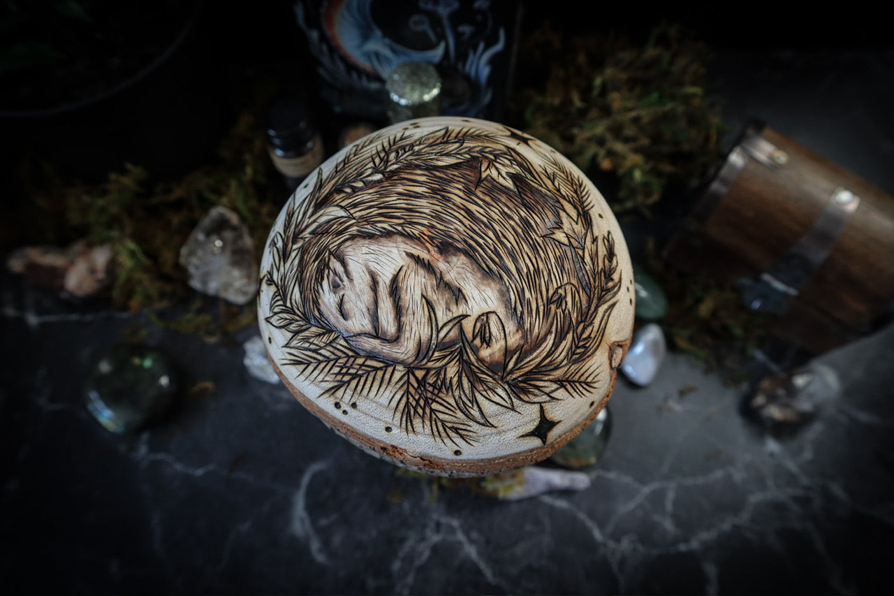 Woodland Mushroom Toadstool enchanted forest fantasy home decor with nature animals including hedgehog, squirrels, and field mouse on large natural wooden mushrooms with moon and stars, foliage and flowers, and natural moss for cottagecore folklore witchy aesthetic by www.smokecrafthollow.com made in Suffolk, England U.K.