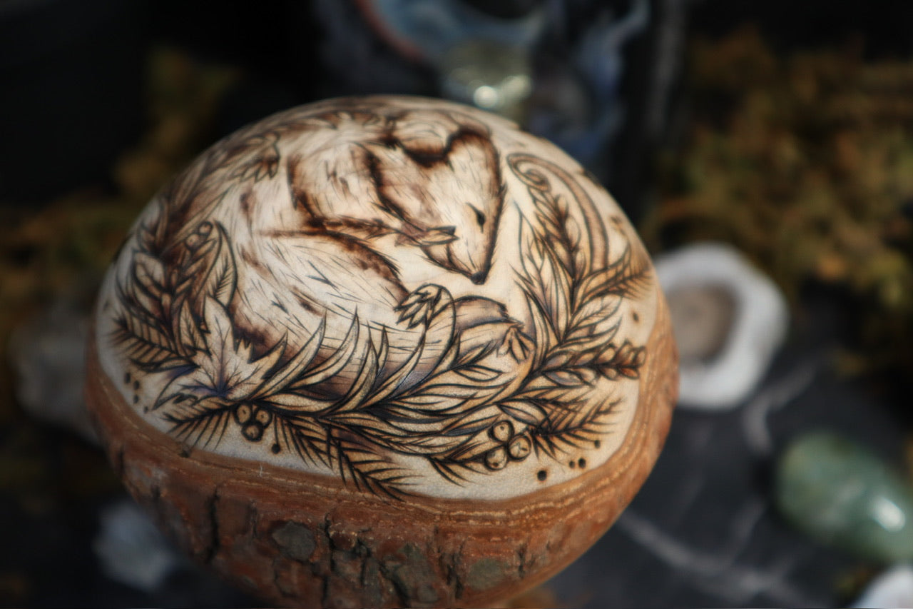 Woodland Mushroom Toadstool enchanted forest fantasy home decor with nature animals including hedgehog, squirrels, and field mouse on large natural wooden mushrooms with moon and stars, foliage and flowers, and natural moss for cottagecore folklore witchy aesthetic by www.smokecrafthollow.com made in Suffolk, England U.K.