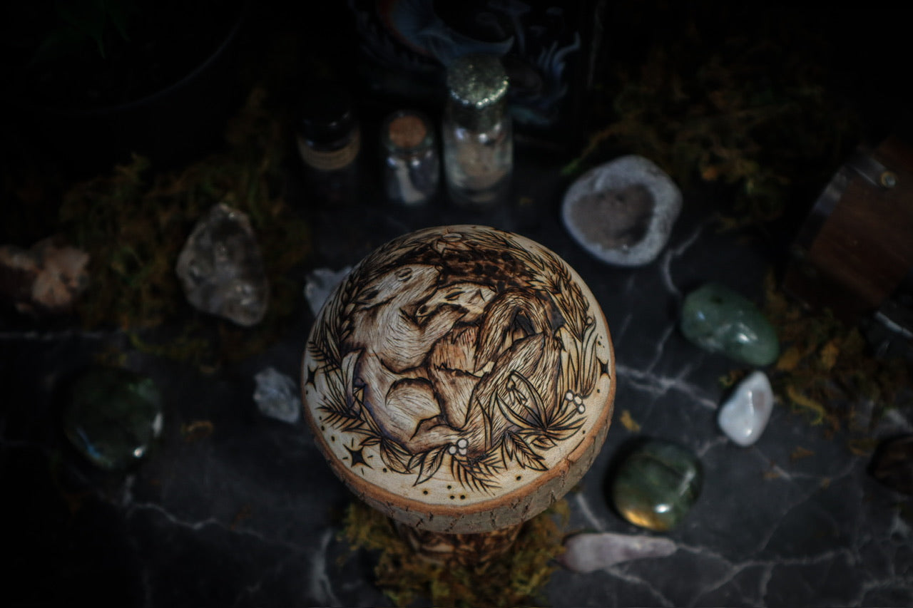 Woodland Mushroom Toadstool enchanted forest fantasy home decor with nature animals including hedgehog, squirrels, and field mouse on large natural wooden mushrooms with moon and stars, foliage and flowers, and natural moss for cottagecore folklore witchy aesthetic by www.smokecrafthollow.com made in Suffolk, England U.K.