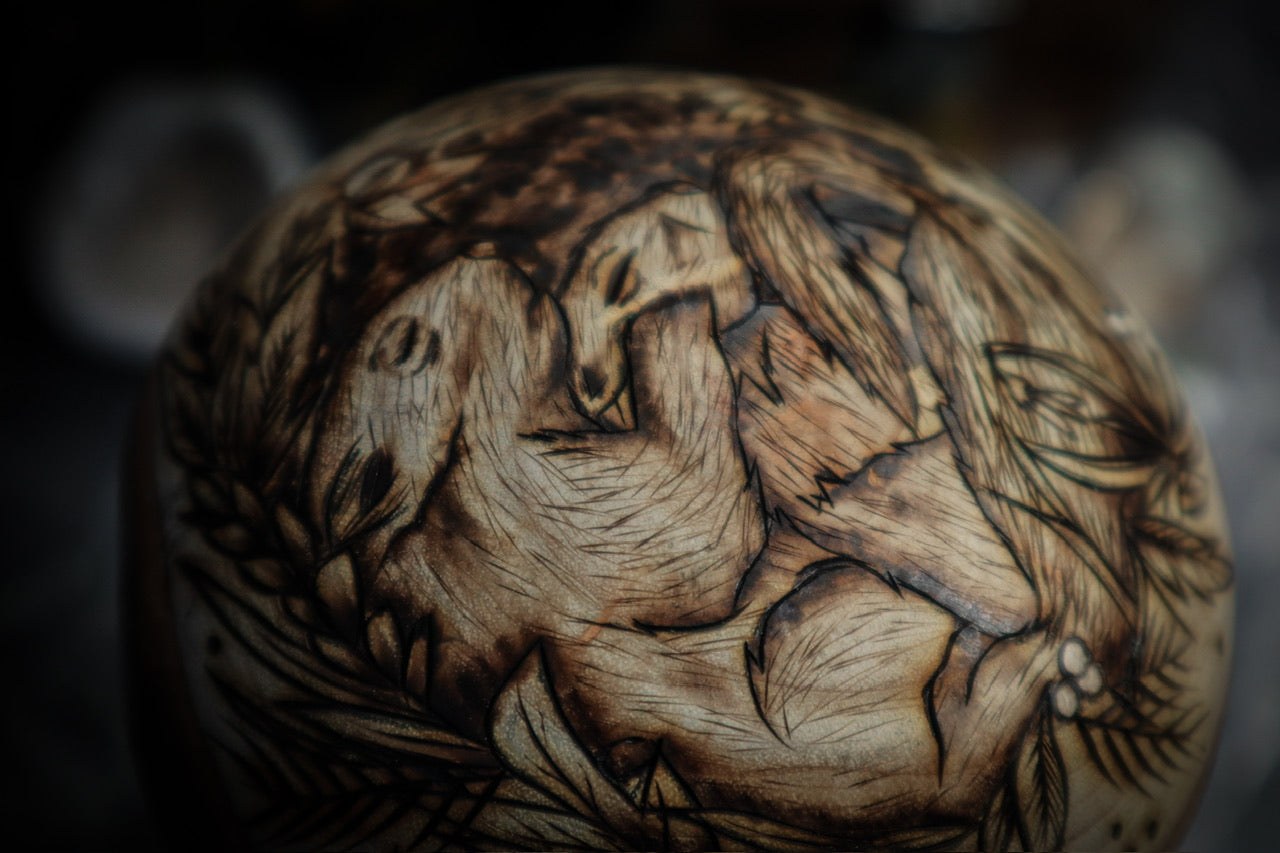 Woodland Mushroom Toadstool enchanted forest fantasy home decor with nature animals including hedgehog, squirrels, and field mouse on large natural wooden mushrooms with moon and stars, foliage and flowers, and natural moss for cottagecore folklore witchy aesthetic by www.smokecrafthollow.com made in Suffolk, England U.K.