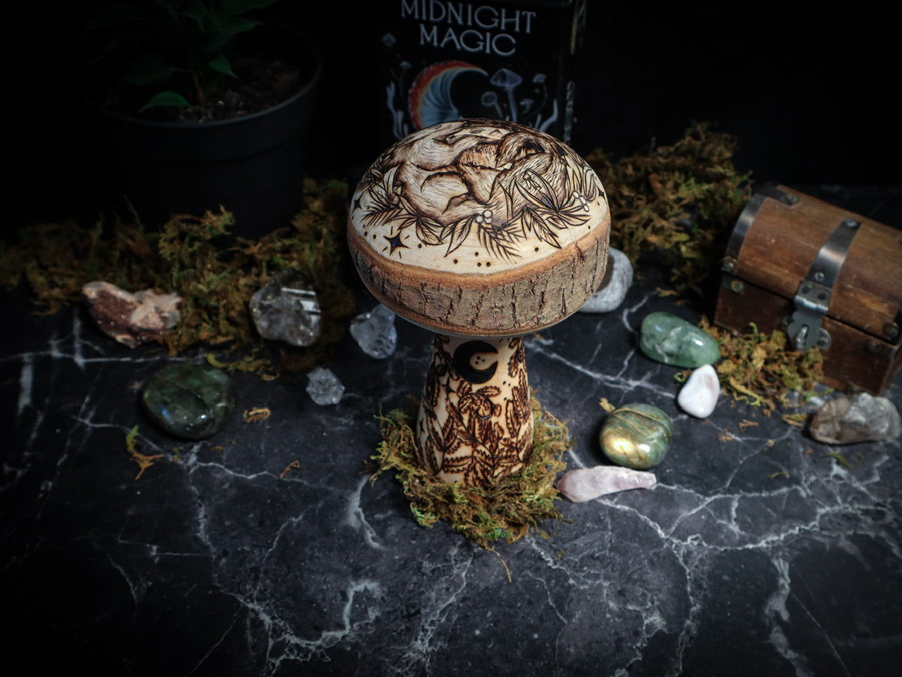 Woodland Mushroom Toadstool enchanted forest fantasy home decor with nature animals including hedgehog, squirrels, and field mouse on large natural wooden mushrooms with moon and stars, foliage and flowers, and natural moss for cottagecore folklore witchy aesthetic by www.smokecrafthollow.com made in Suffolk, England U.K.