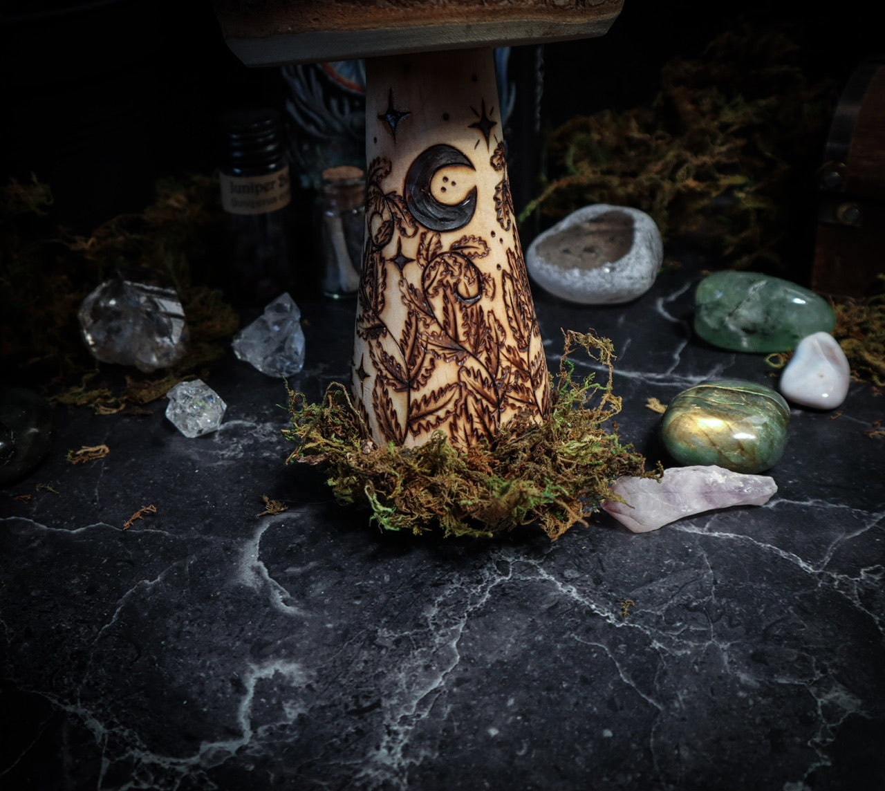 Woodland Mushroom Toadstool enchanted forest fantasy home decor with nature animals including hedgehog, squirrels, and field mouse on large natural wooden mushrooms with moon and stars, foliage and flowers, and natural moss for cottagecore folklore witchy aesthetic by www.smokecrafthollow.com made in Suffolk, England U.K.