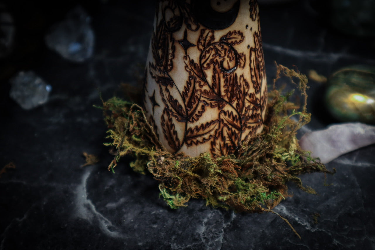 Woodland Mushroom Toadstool enchanted forest fantasy home decor with nature animals including hedgehog, squirrels, and field mouse on large natural wooden mushrooms with moon and stars, foliage and flowers, and natural moss for cottagecore folklore witchy aesthetic by www.smokecrafthollow.com made in Suffolk, England U.K.