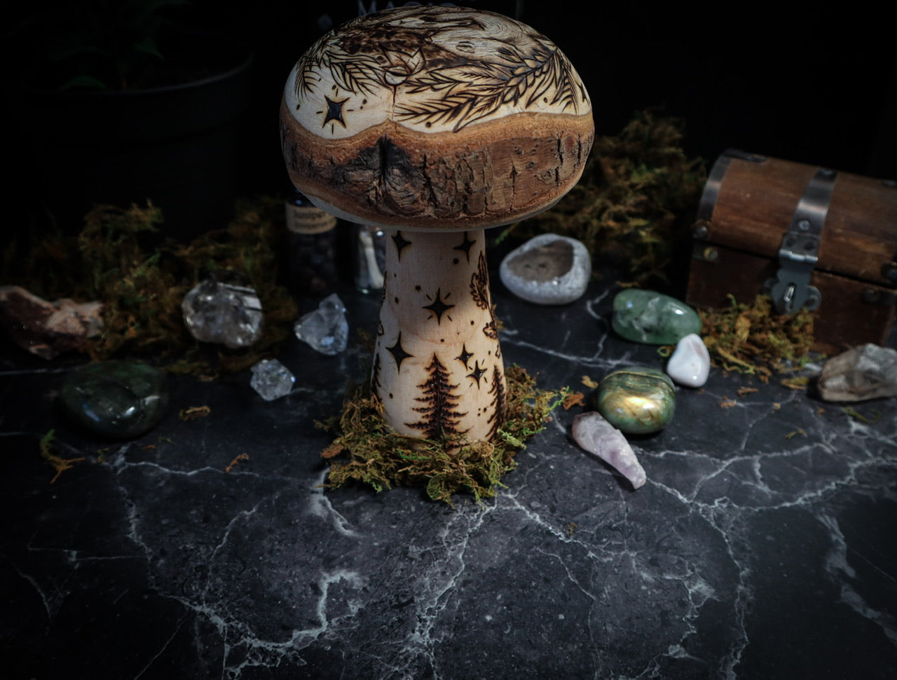 Woodland Mushroom Toadstool enchanted forest fantasy home decor with nature animals including hedgehog, squirrels, and field mouse on large natural wooden mushrooms with moon and stars, foliage and flowers, and natural moss for cottagecore folklore witchy aesthetic by www.smokecrafthollow.com made in Suffolk, England U.K.
