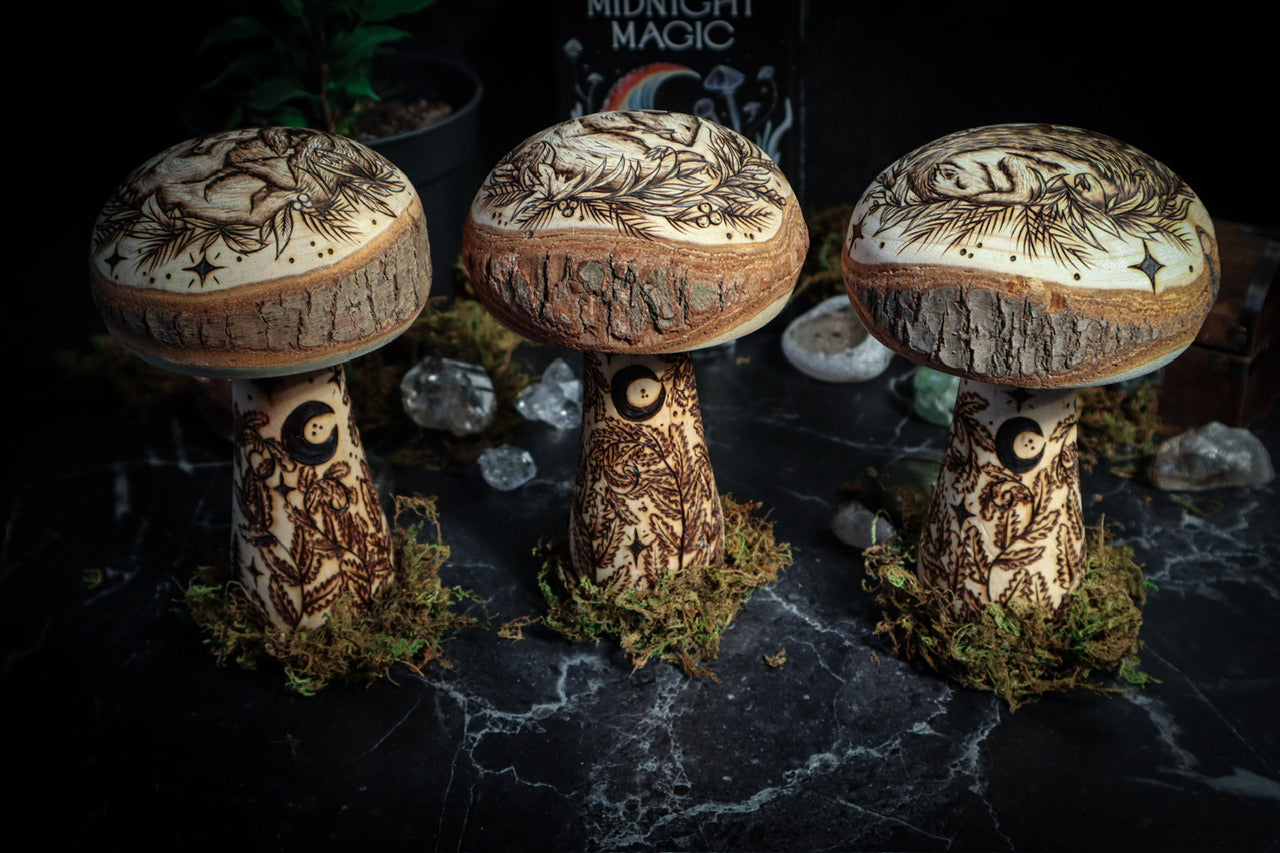 Woodland Mushroom Toadstool enchanted forest fantasy home decor with nature animals including hedgehog, squirrels, and field mouse on large natural wooden mushrooms with moon and stars, foliage and flowers, and natural moss for cottagecore folklore witchy aesthetic by www.smokecrafthollow.com made in Suffolk, England U.K.