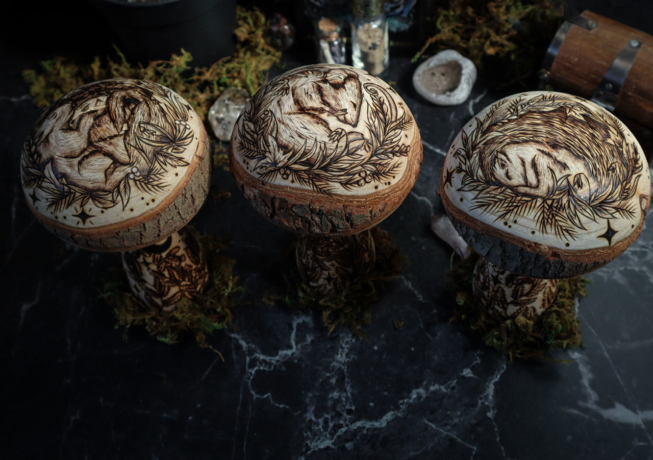 Woodland Mushroom Toadstool enchanted forest fantasy home decor with nature animals including hedgehog, squirrels, and field mouse on large natural wooden mushrooms with moon and stars, foliage and flowers, and natural moss for cottagecore folklore witchy aesthetic by www.smokecrafthollow.com made in Suffolk, England U.K.