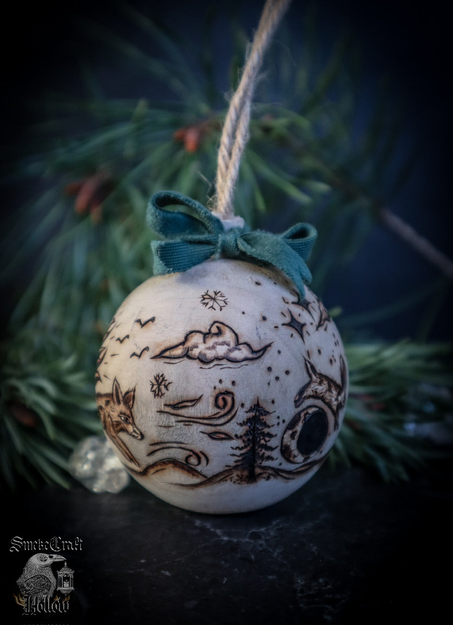Handmade Wooden Fox and Hare Bauble Ornament