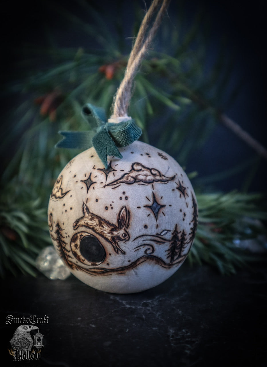 Handmade Wooden Fox and Hare Bauble Ornament