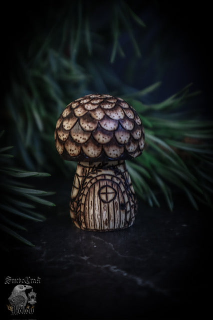 Little Cottage wooden mushroom figurine decor handmade by www.smokecrafthollow.com