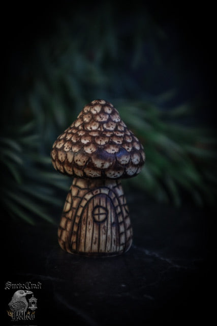 Little Cottage wooden mushroom figurine decor handmade by www.smokecrafthollow.com
