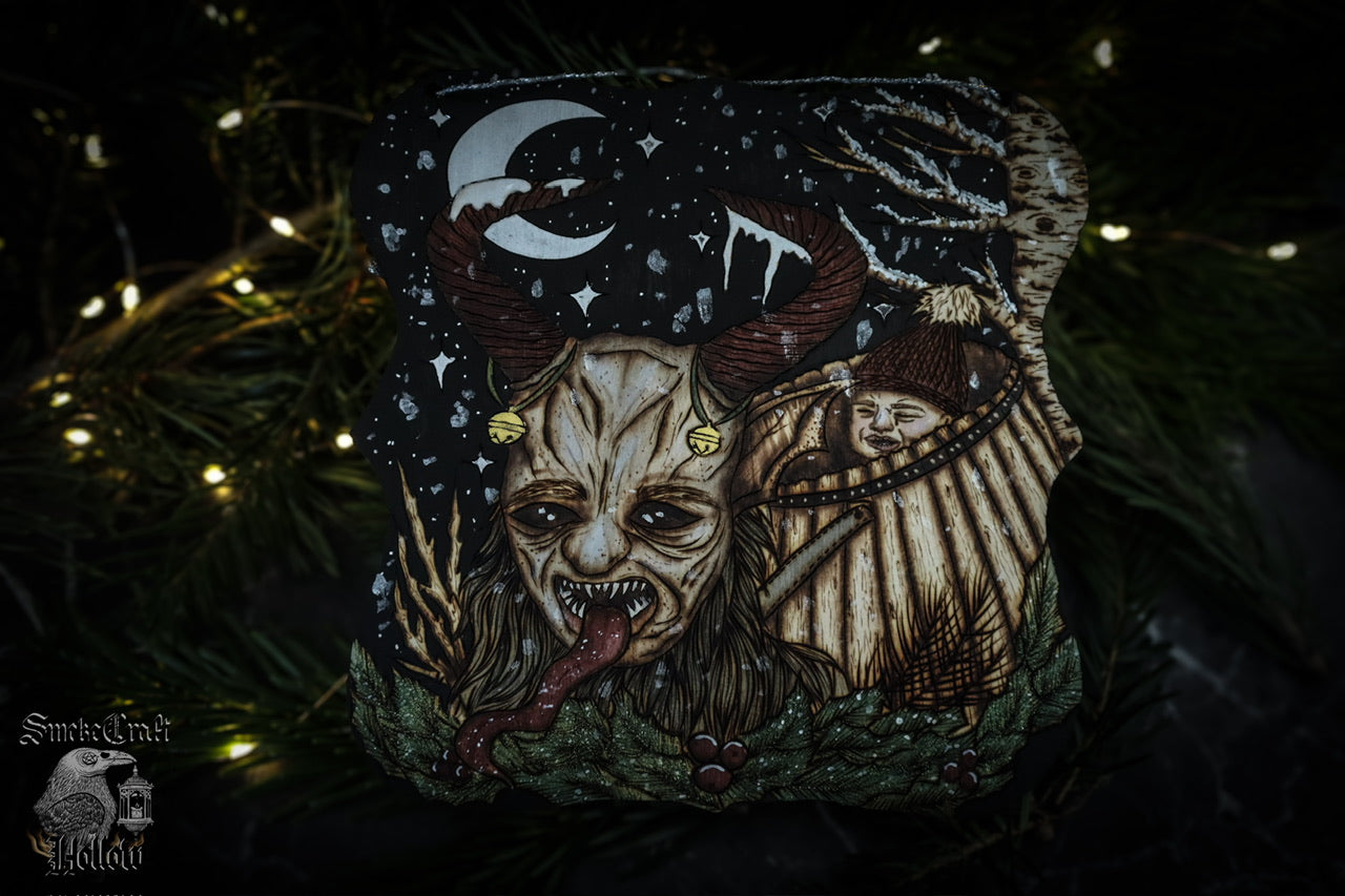 Krampus decor gift christmas pagan yule woodburned wall hanging for krampusnacht by www.smokecrafthollow.com