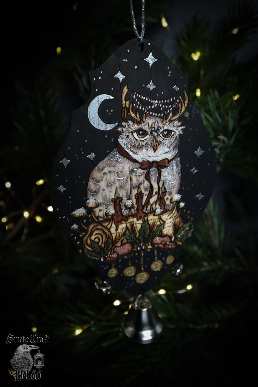 Yule witch bells for winter solstice witchmas christmas decor gifts for pagans with snowy woodland owl and yule log woodburned by www.smokecrafthollow.com