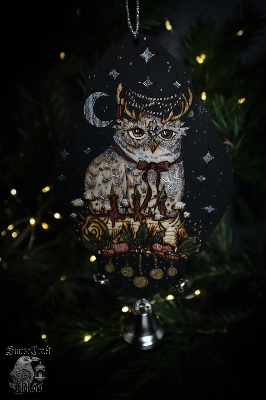 Yule witch bells for winter solstice witchmas christmas decor gifts for pagans with snowy woodland owl and yule log woodburned by www.smokecrafthollow.com