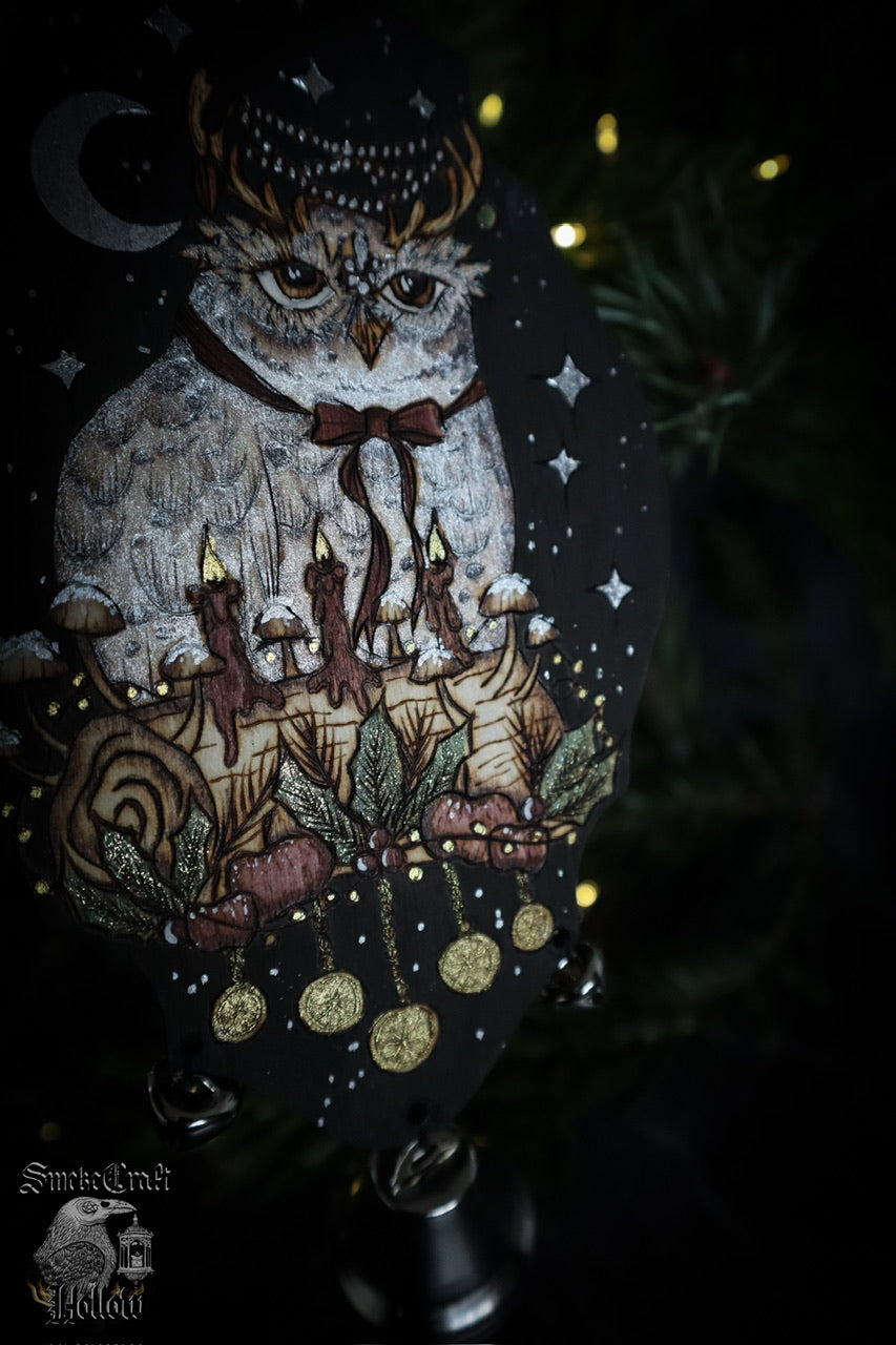 Yule witch bells for winter solstice witchmas christmas decor gifts for pagans with snowy woodland owl and yule log woodburned by www.smokecrafthollow.com