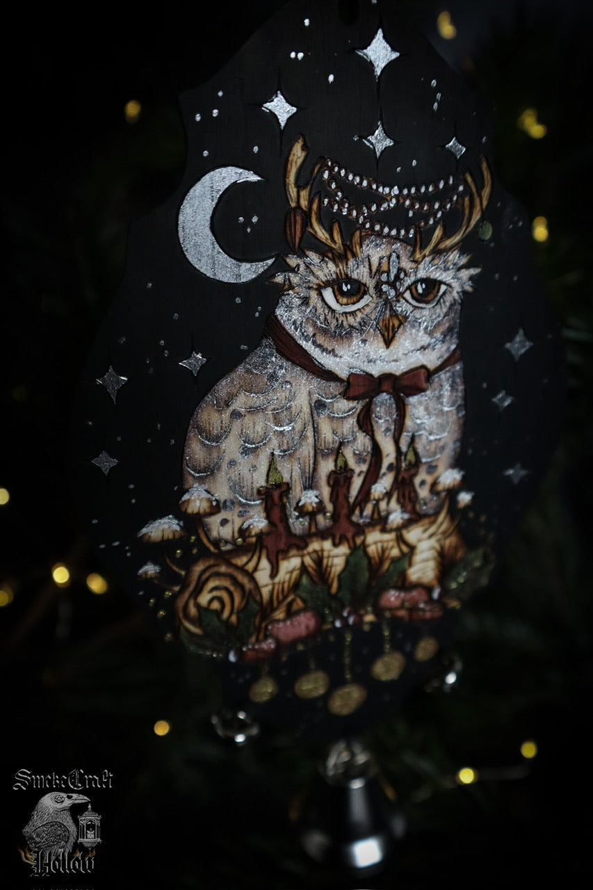 Yule witch bells for winter solstice witchmas christmas decor gifts for pagans with snowy woodland owl and yule log woodburned by www.smokecrafthollow.com