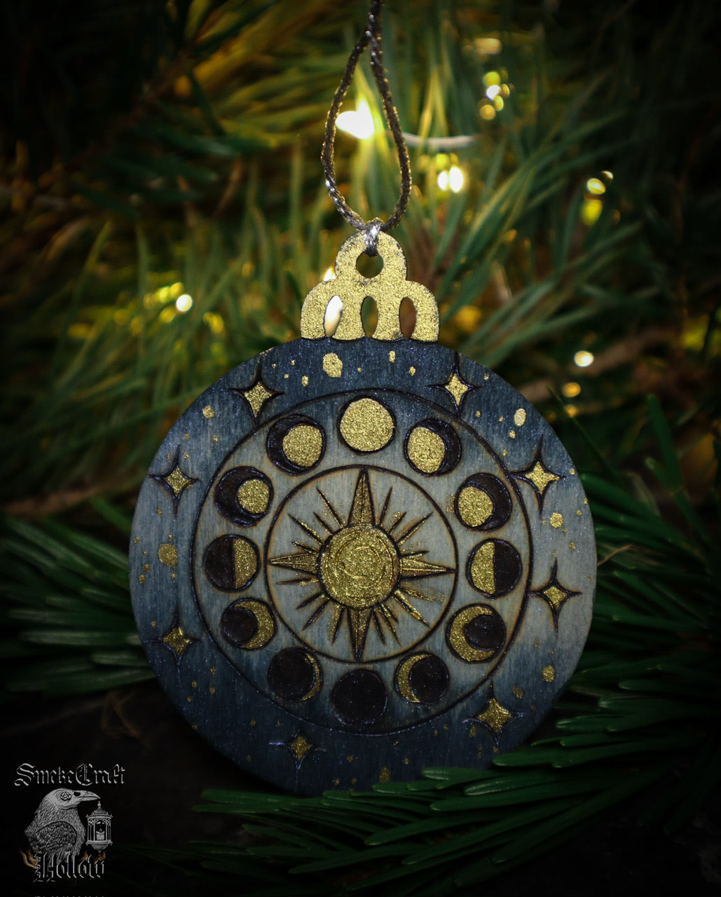 90’s celestial whimsigoth moon phases bauble ornament with blue and gold woodburned by www.smokecrafthollow.com