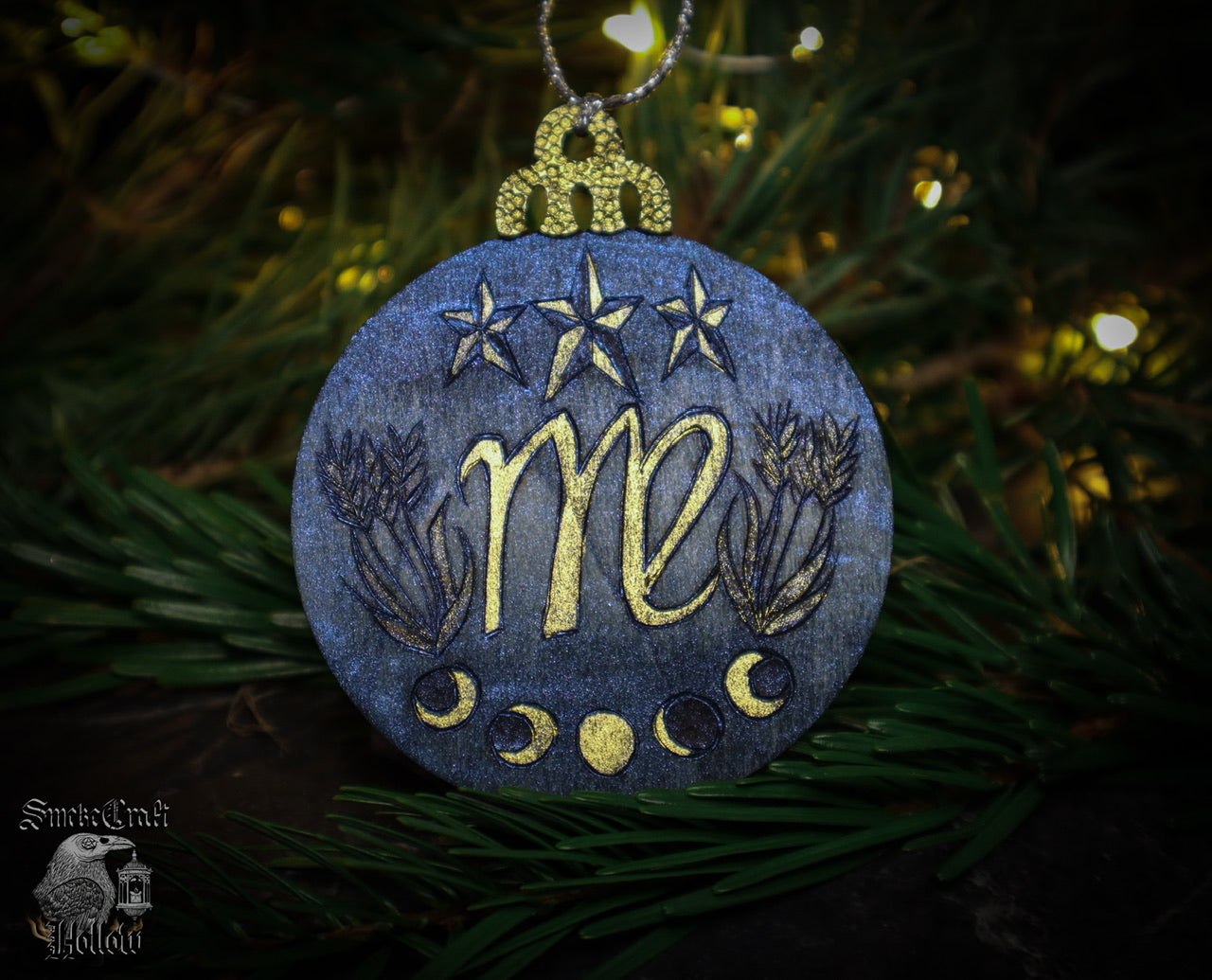 90’s Celestial blue and gold whismigoth astrological virgo witchmas christmas tree ornament bauble woodburned by www.smokecrafthollow.com