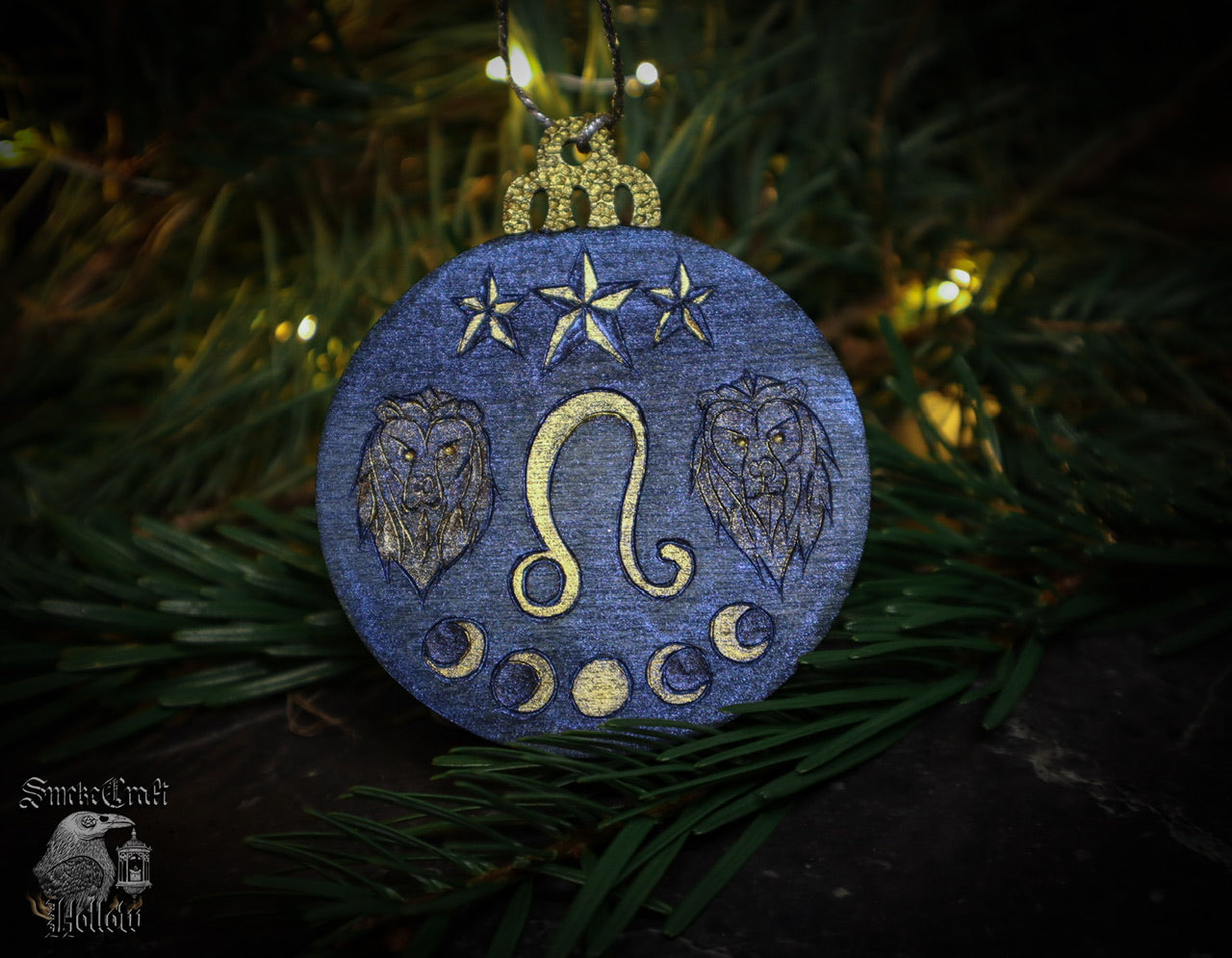 90’s celestial whimsigoth blue and gold astrological Leo christmas witchy tree bauble ornament woodburned by www.smokecrafthollow.com