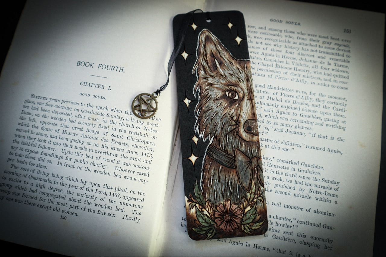 Witch familiar dog wooden bookmark woodburned by smokecraft hollow with bronze pentagram pendant