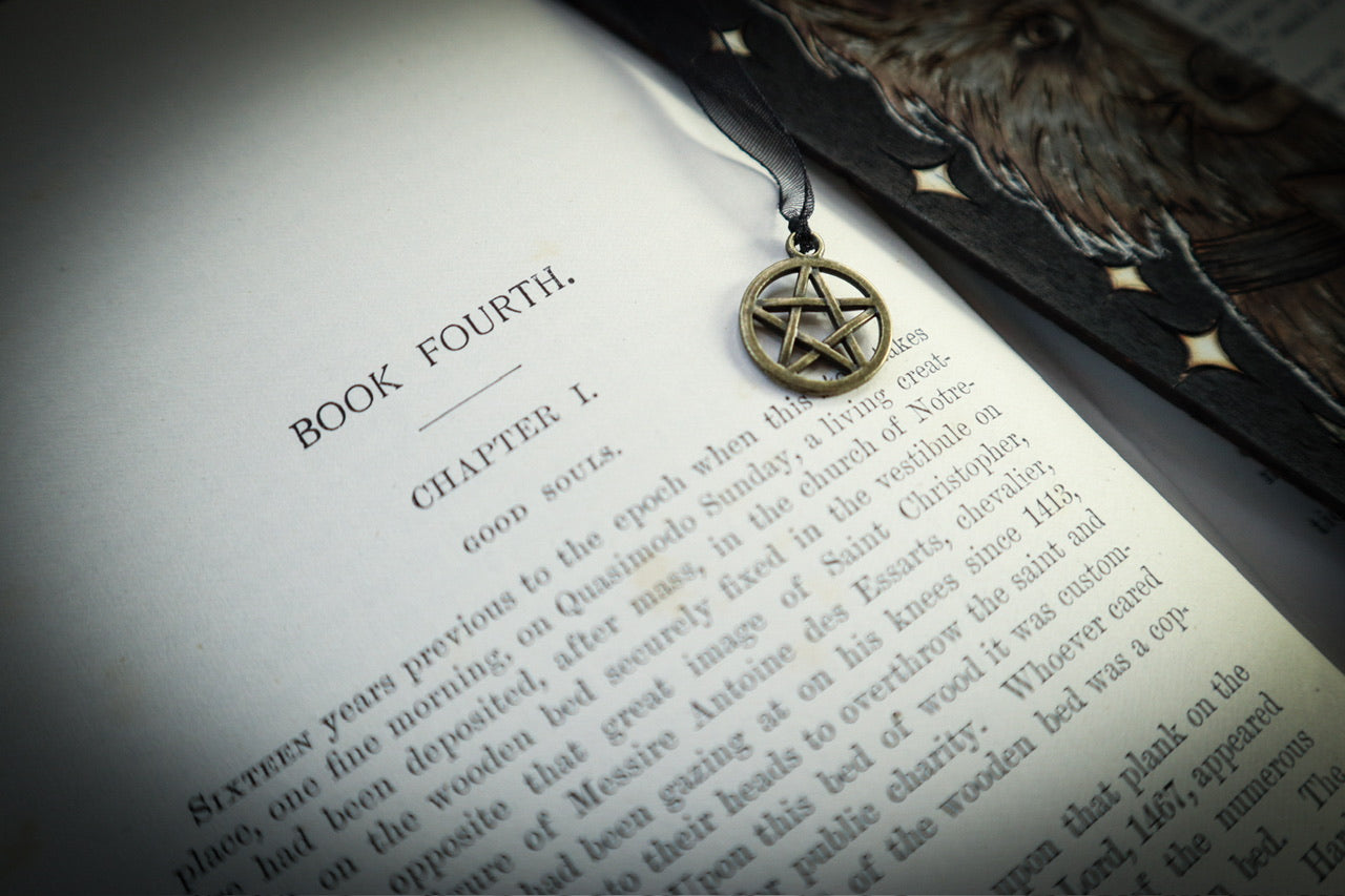 Witch familiar dog wooden bookmark woodburned by smokecraft hollow with bronze pentagram pendant