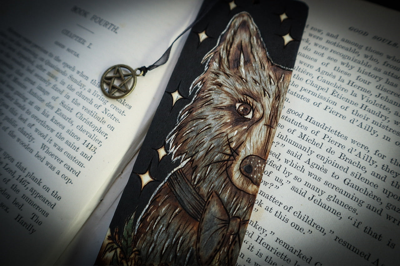 Witch familiar dog wooden bookmark woodburned by smokecraft hollow with bronze pentagram pendant