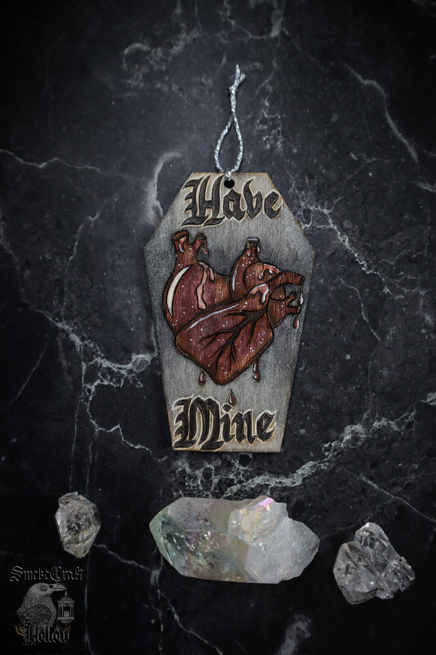 Spooky macabre gothic anatomical heart woodburned ornament decor for valentine’s day valloween by www.smokecrafthollow.com