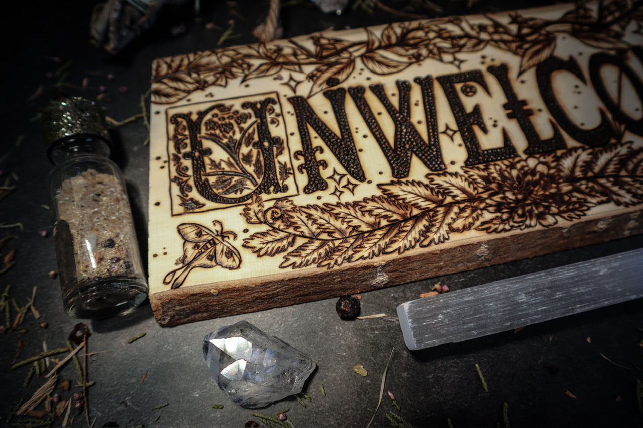 Woodburned unwelcome botanical medieval gothic door sign for witchy aesthetic handmade in suffolk, UK by www.smokecrafthollow.com