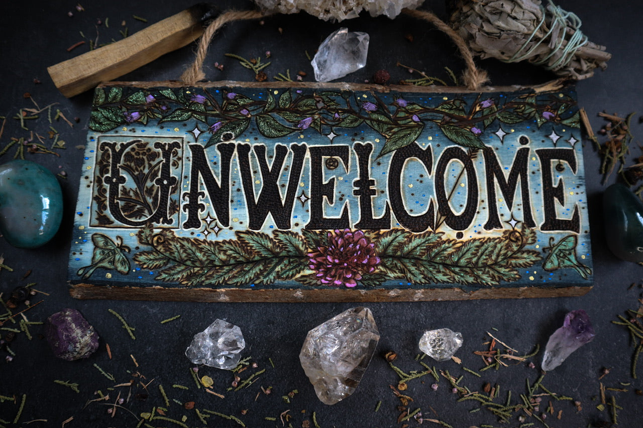 Unwelcome woodburned night garden door sign with botanical elements for greenwitch whimsigoth decor by Smokecraft Hollow