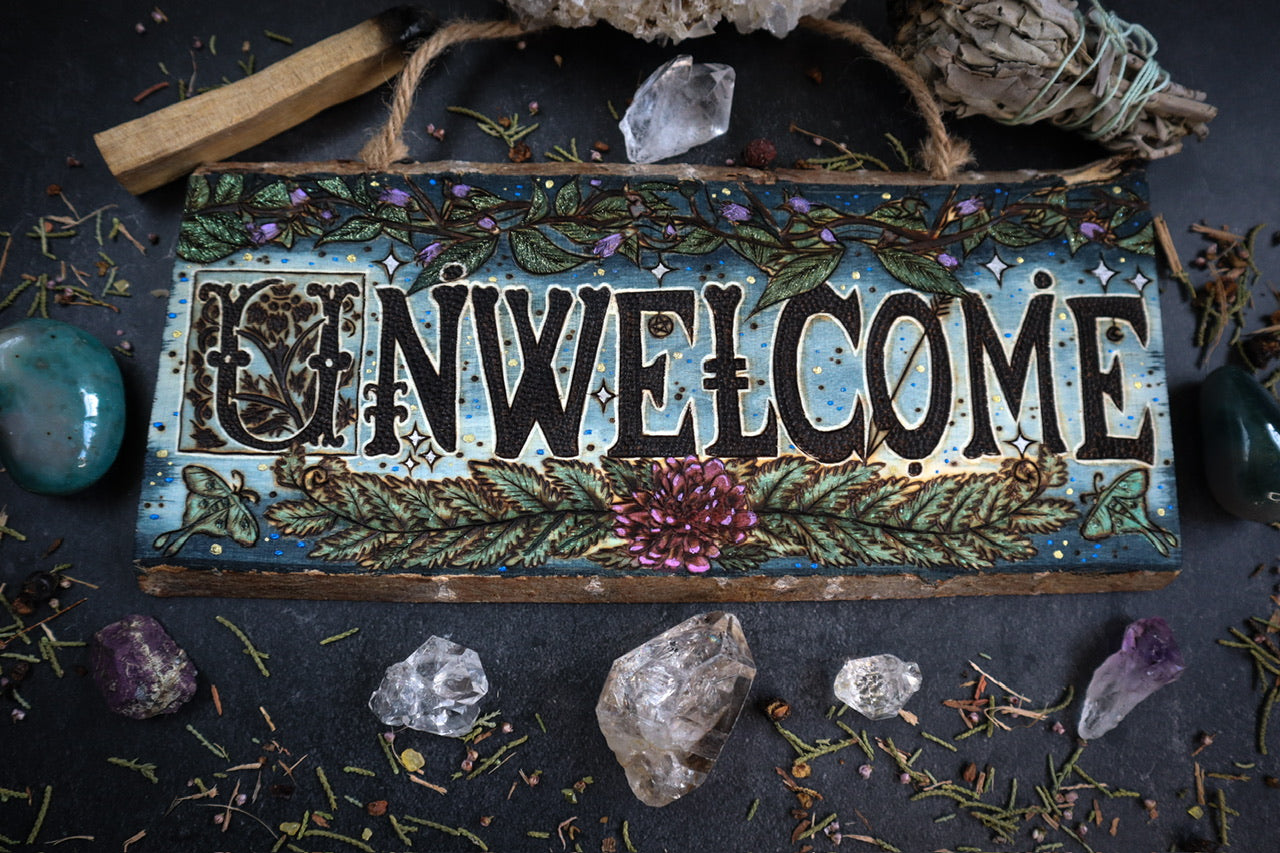 Unwelcome woodburned night garden door sign with botanical elements for greenwitch whimsigoth decor by Smokecraft Hollow