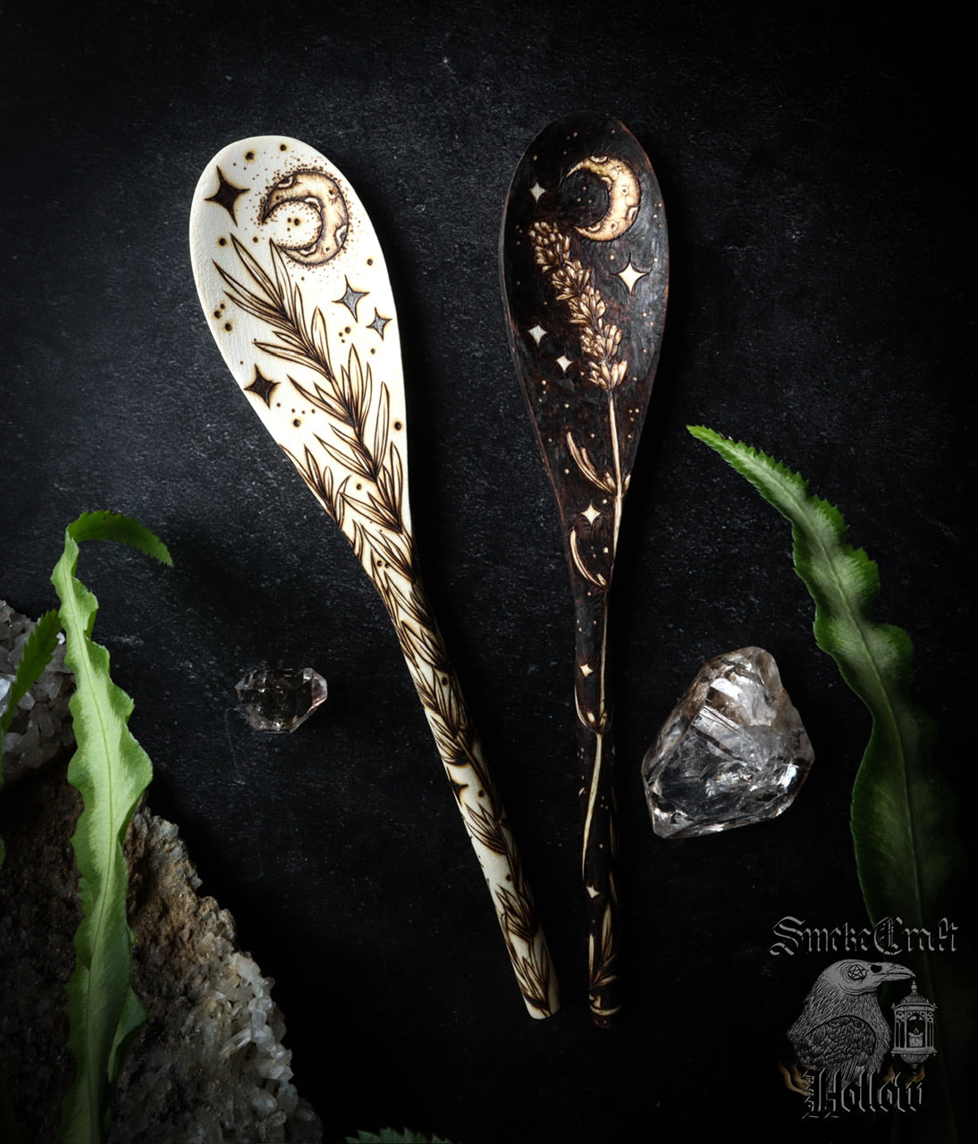 Wooden woodburned kitchen spoon decor with rosemary, lavender, stars and moon perfect witchy home decor made by Smokecraft Hollow and inspired by Practical Magic