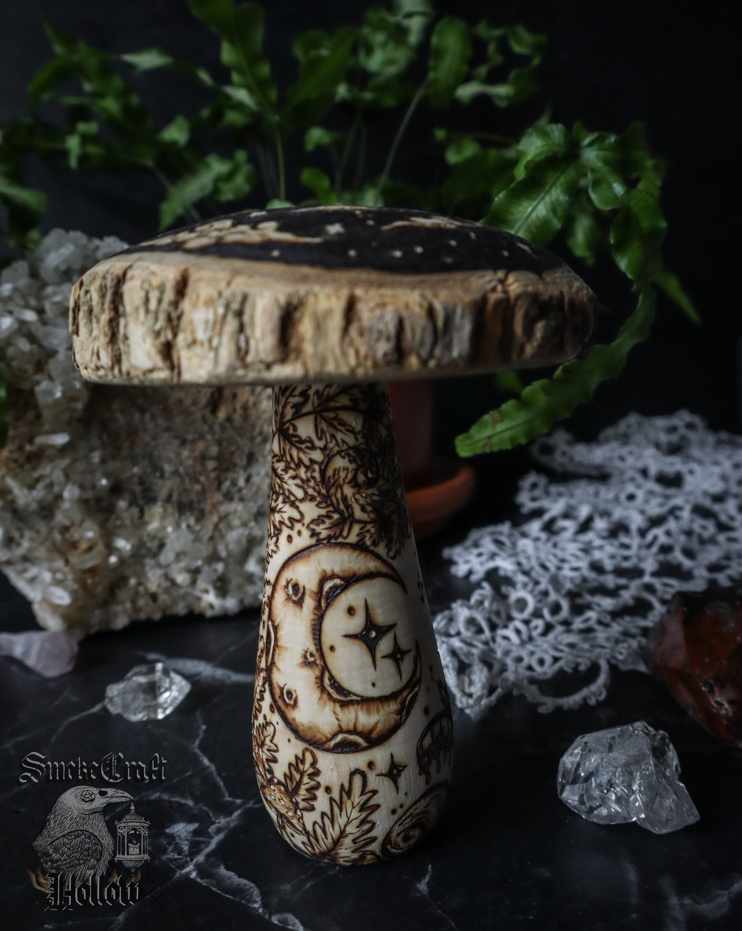 Whimsical woodland fairy woodburned mushroom figurine shelf home decor with moon, ferns, clouds, stars, flowers, fairy door, etc by Smokecraft Hollow
