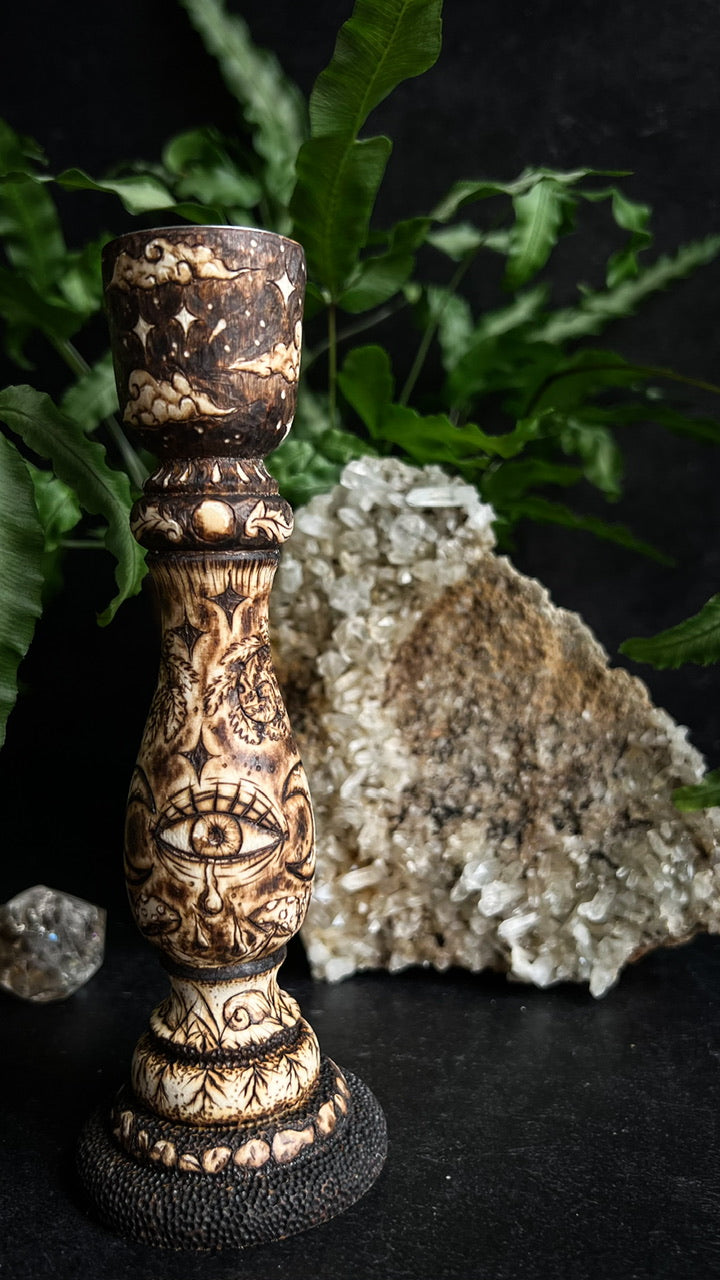Woodburned witchy woodland whimsical candleholder for candlesticks with all seeing eye, ferns, clouds, snails, depicting as above so below art by Smokecraft Hollow