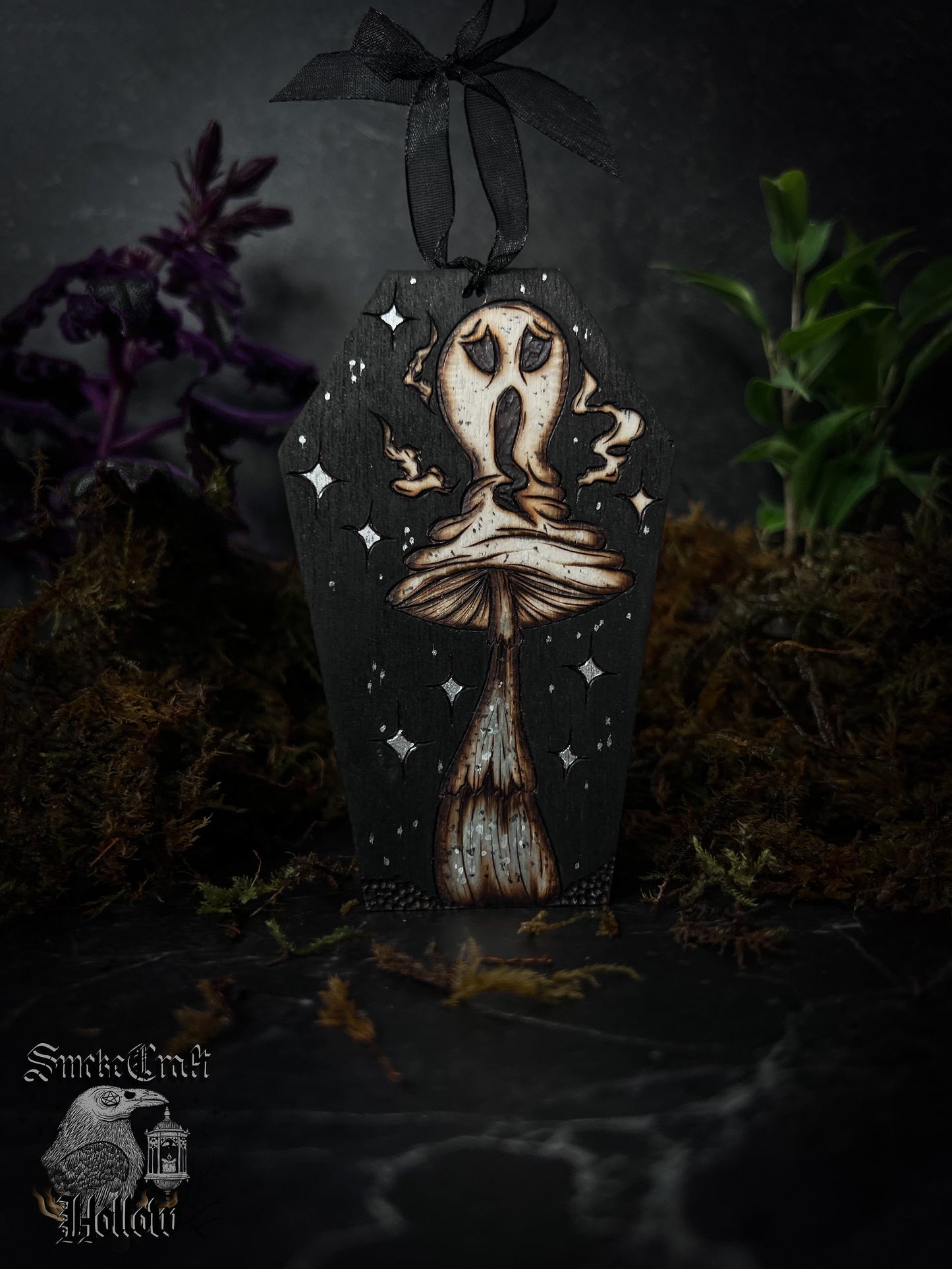 Spooky halloween ghost mushroom coffin shaped woodburned ornament