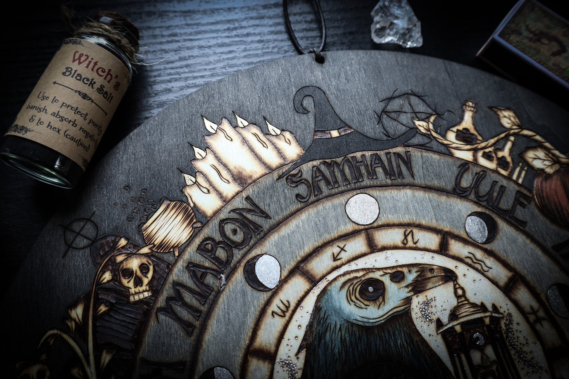 Witchy Samhain Wheel of the year for spooky season, woodburned with raven, ghosts, pumpkins and more for pagan altar decor by www.smokecrafthollow.com