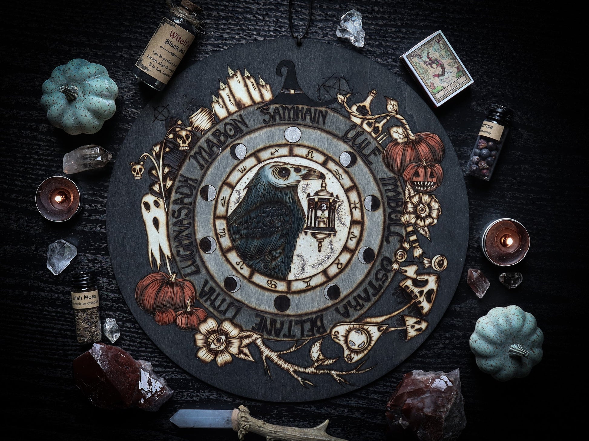 Witchy Samhain Wheel of the year for spooky season, woodburned with raven, ghosts, pumpkins and more for pagan altar decor by www.smokecrafthollow.com 
Www.smokecrafthollow.com litha lughnasadh yule samhain imbolc ostara beltane for gothic witchmas gifts for witches and pagans and wiccans