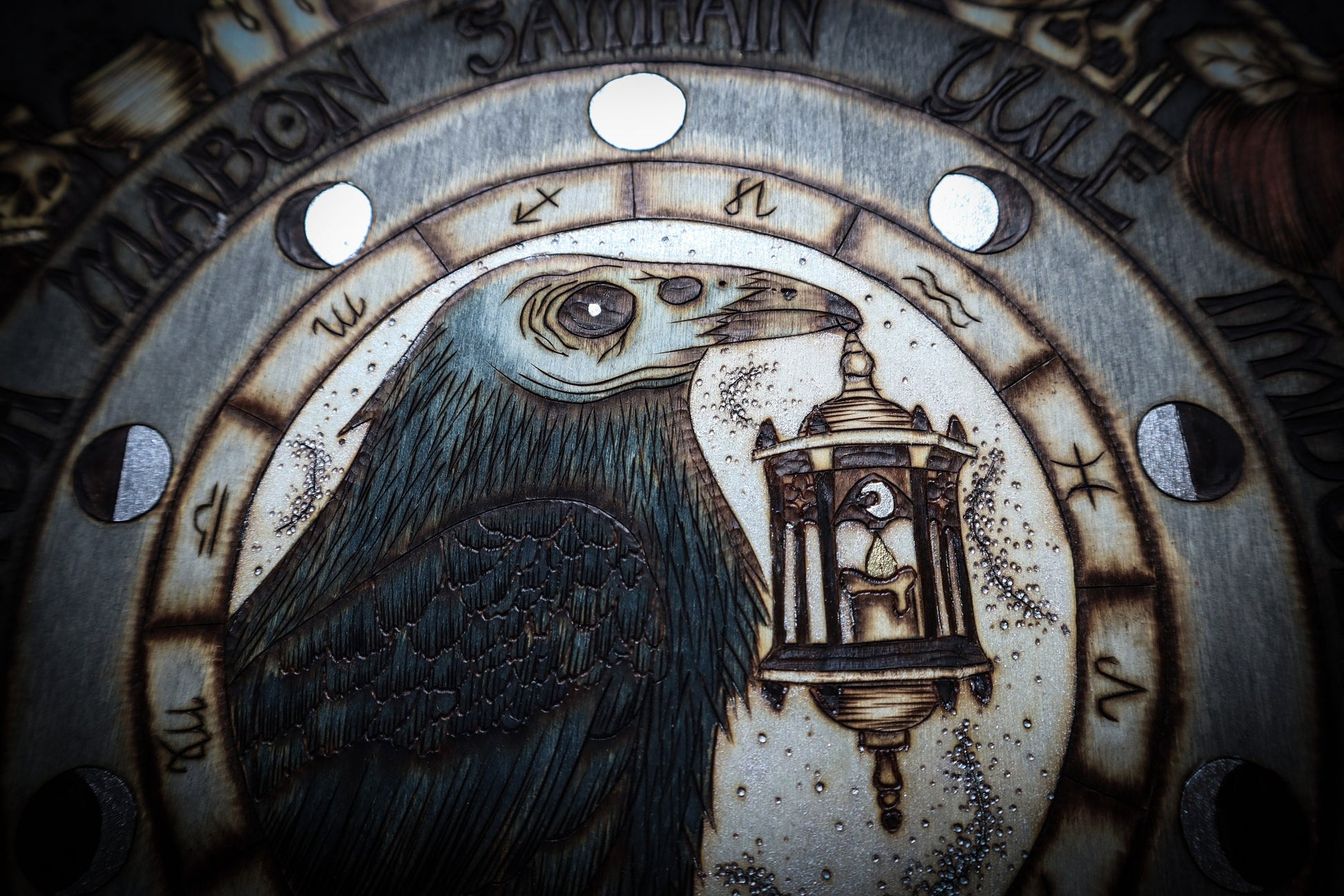 Witchy Samhain Wheel of the year for spooky season, woodburned with raven, ghosts, pumpkins and more for pagan altar decor by www.smokecrafthollow.com