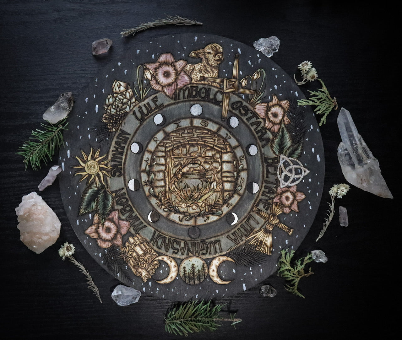 Imbolc wheel of the year witchy pagan wall hanging decor wooburned by www.smokecrafthollow.com
