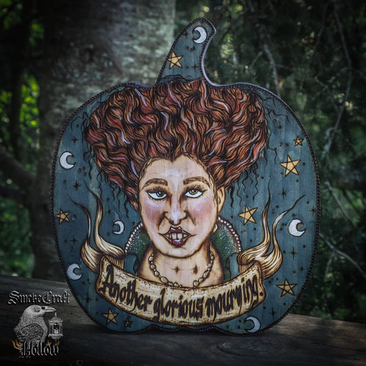 Hocus Pocus inspired Winifred Sanderson, Halloween woodburned pumpkin decor with “another glorious morning”