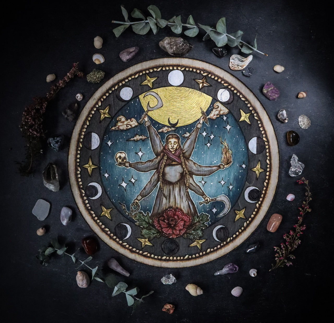 Woodburned wall plaque art decor of Slavic Goddess Mara Marzanna with poppy and oak leaves, nautical stars, and moon phases by www.smokecrafthollow.com witchcraft tools and altar decor for pagans