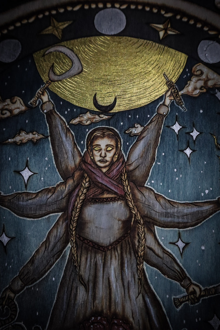 Woodburned wall plaque art decor of Slavic Goddess Mara Marzanna with poppy and oak leaves, nautical stars, and moon phases by www.smokecrafthollow.com