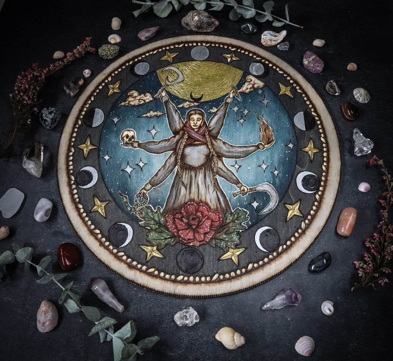 Woodburned wall plaque art decor of Slavic Goddess Mara Marzanna with poppy and oak leaves, nautical stars, and moon phases by www.smokecrafthollow.com