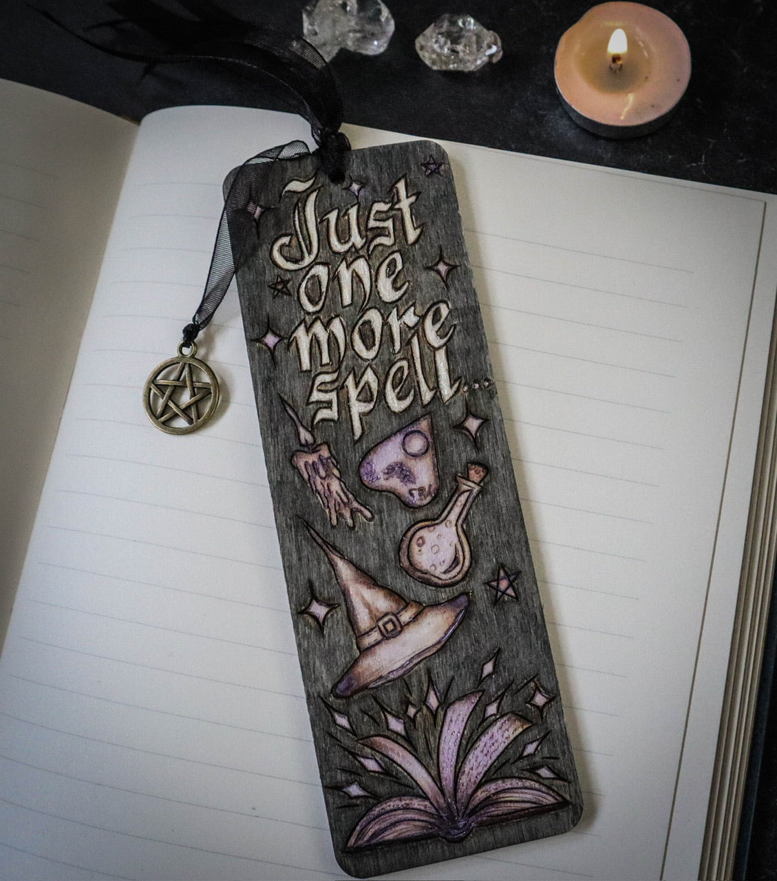 Witchy woodburned wooden bookmark pagan goth bookworm