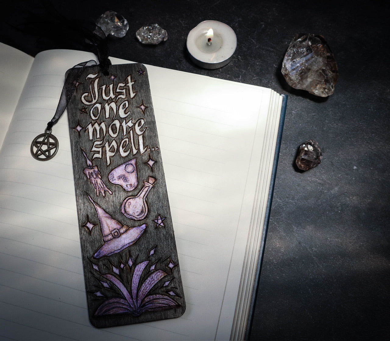 Witchy woodburned wooden bookmark pagan goth bookworm