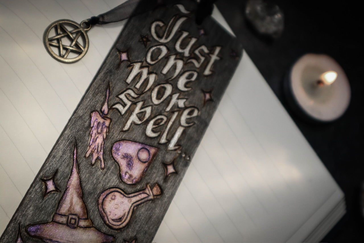 Witchy woodburned wooden bookmark pagan goth bookworm